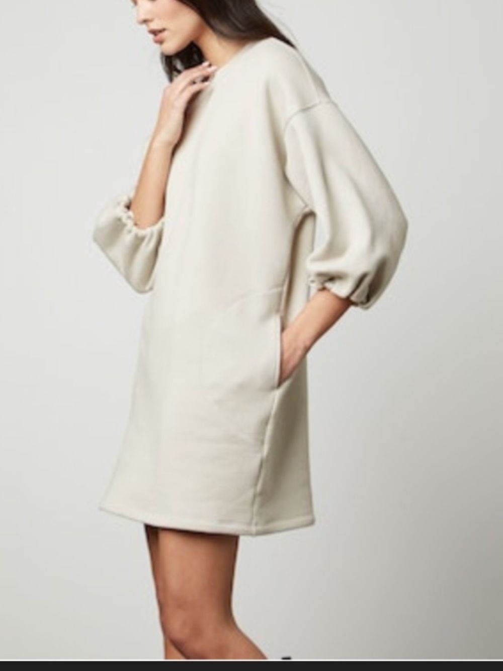 NWT Velvet by Graham & Spencer Cream Puff-Sleeve Sweatshirt Mini Dress Small